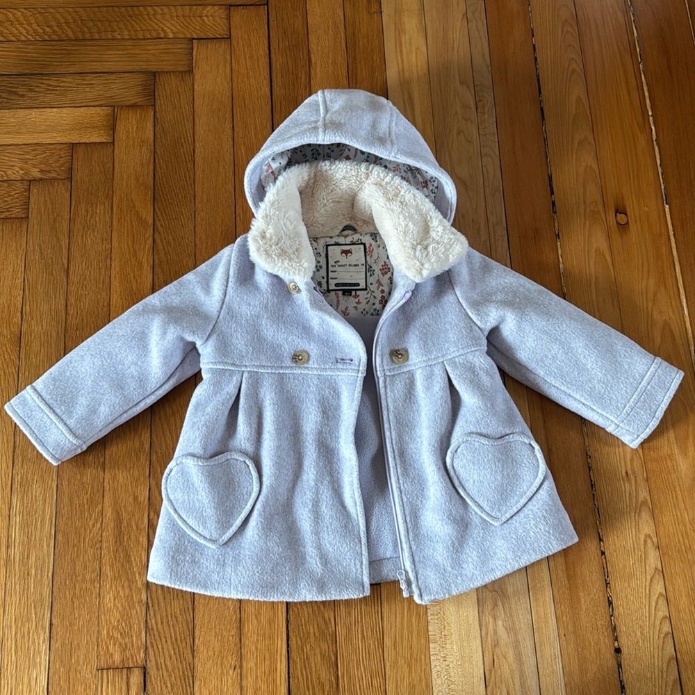 Girl toddler winter coat. Light gray with button and zipper. 18-24 mo